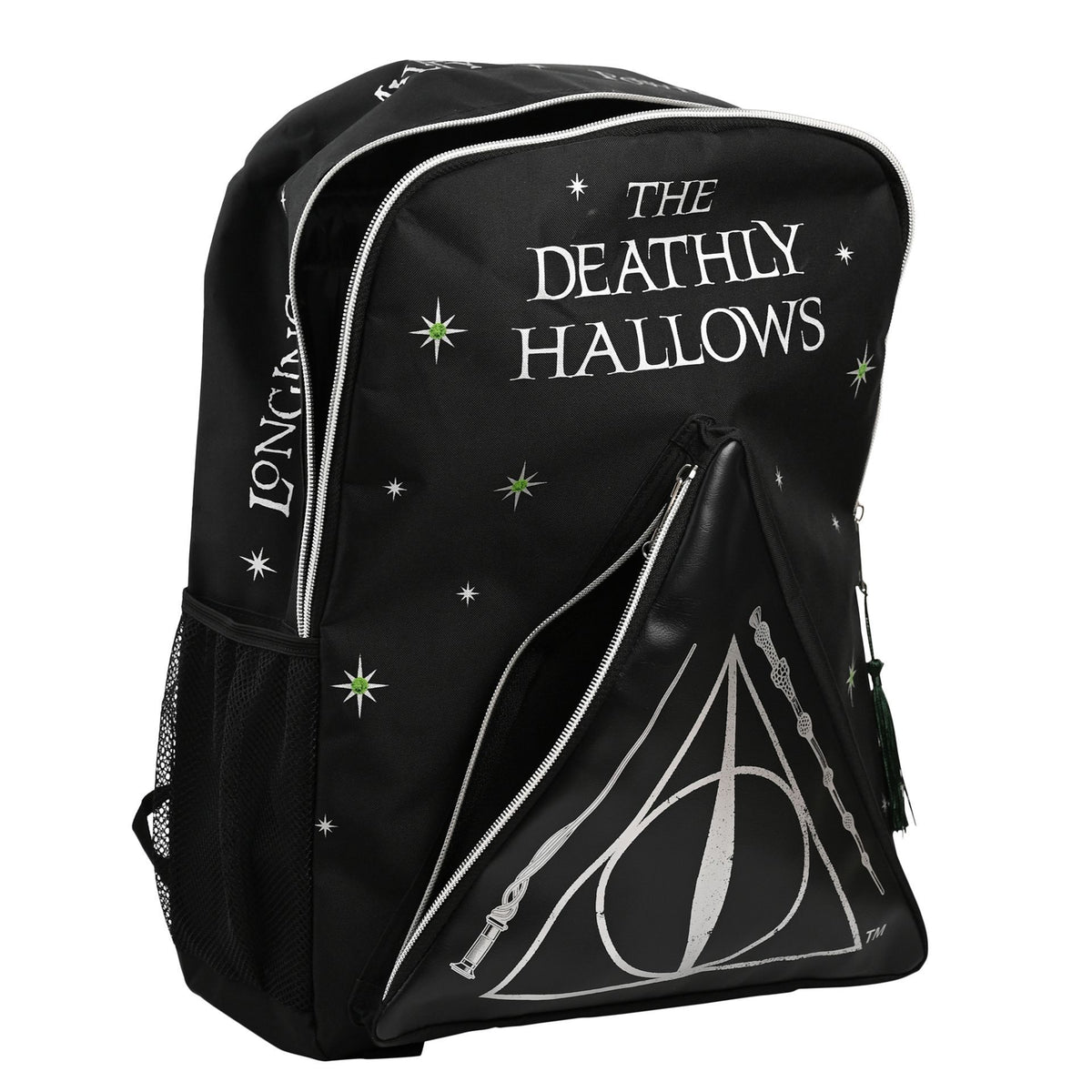 Harry Potter Deathly Hallows backpack, black with side 'LONGING' text and white trim zipper.