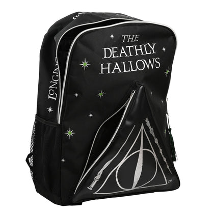 Harry Potter Deathly Hallows backpack, black with side 'LONGING' text and white trim zipper.