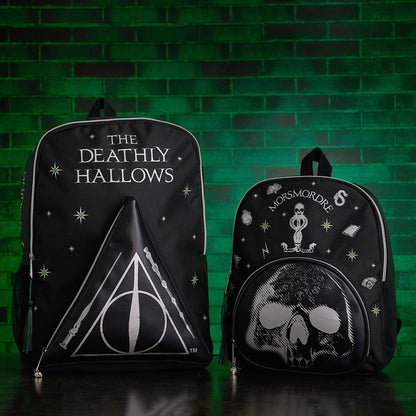 Harry Potter Deathly Hallows backpack set: front triangle design plus skull mini backpack.