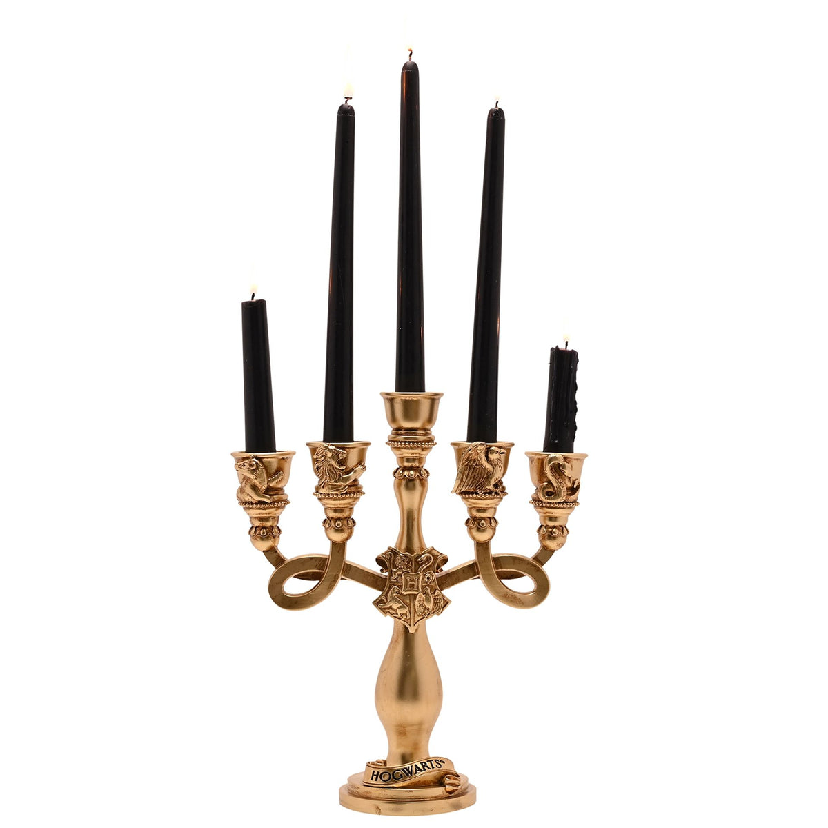 Gold-toned resin candelabra with five black pillar candles and Hogwarts crest base