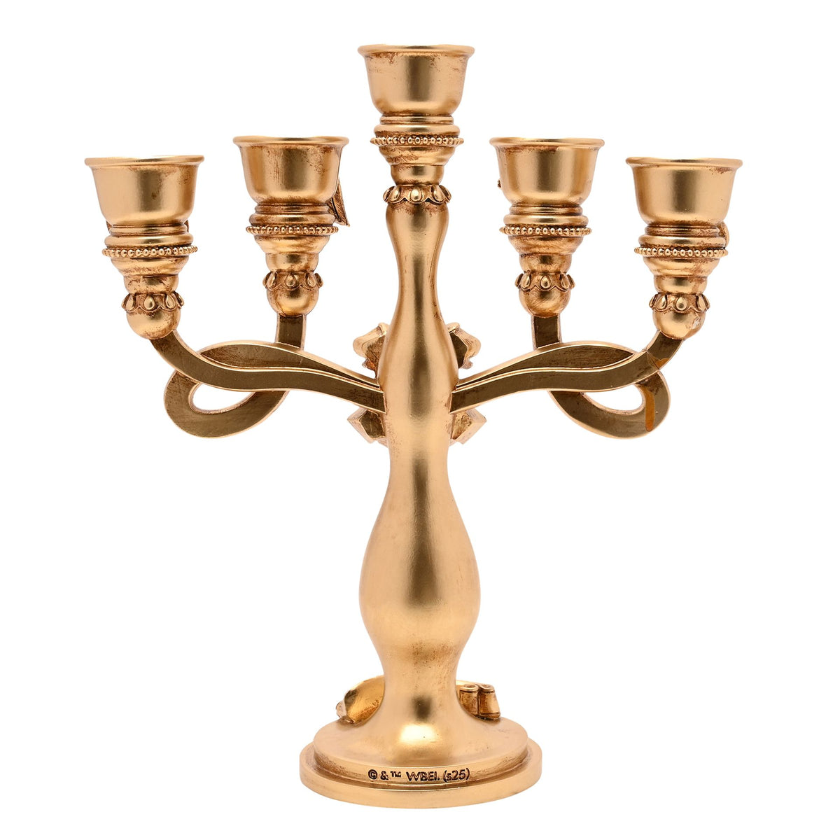 Gold-toned resin candelabra base with Hogwarts crest and curved five-cup candle holder arms