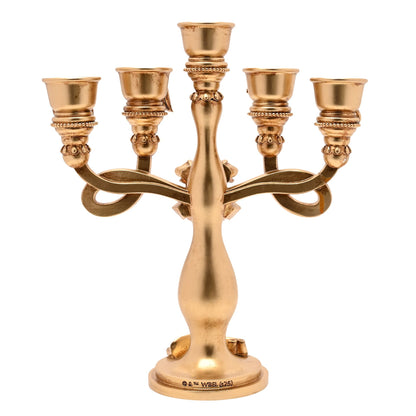 Gold-toned resin candelabra base with Hogwarts crest and curved five-cup candle holder arms