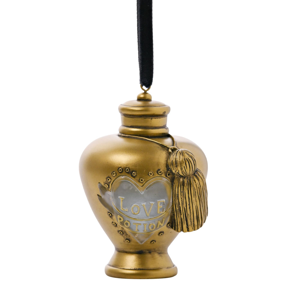Gold heart-shaped Love Potion bottle hanging ornament on black cord