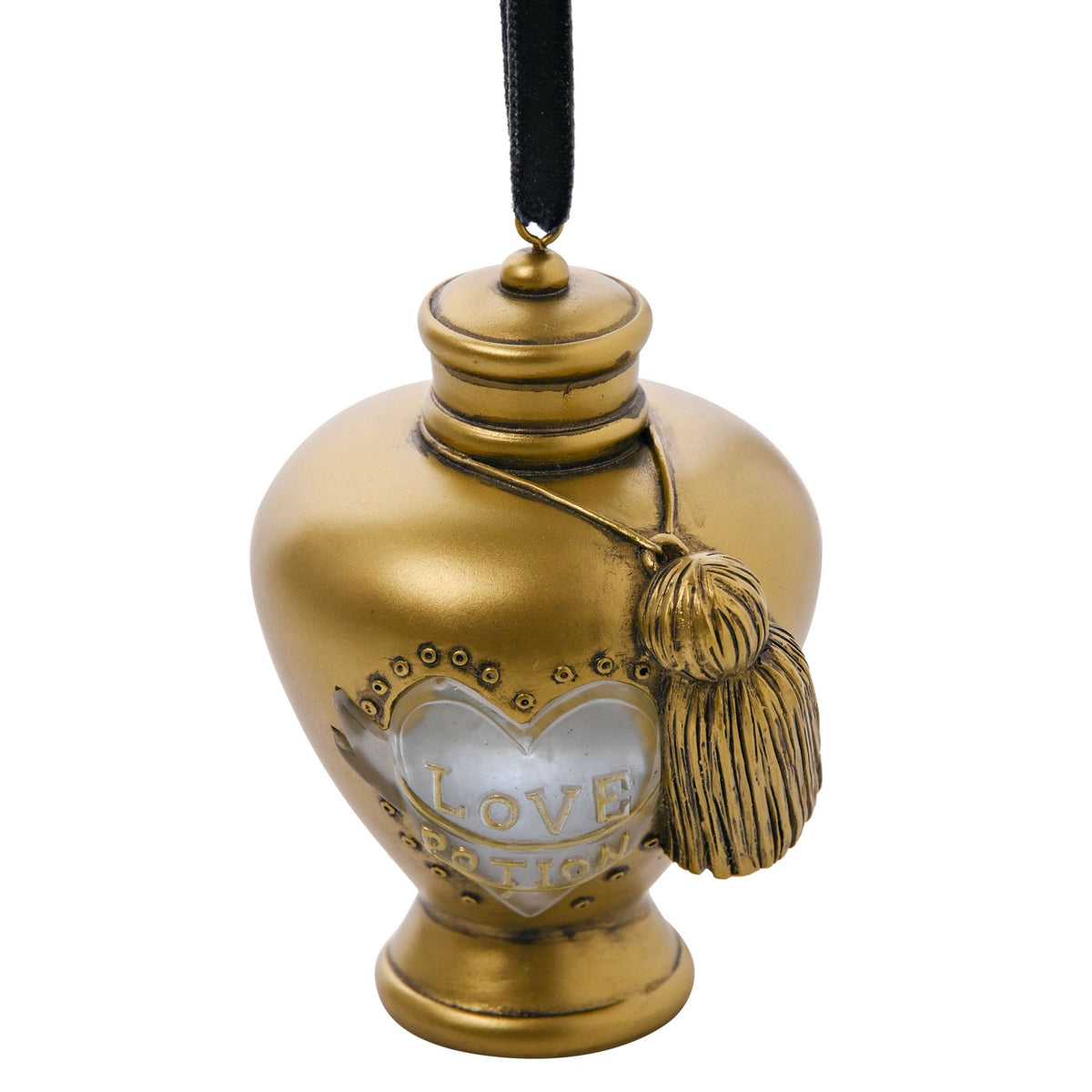 Gold hanging Love Potion bottle ornament with heart window and fringe tassel
