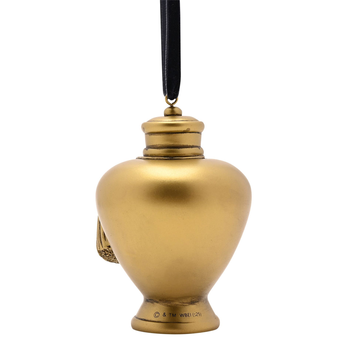 Gold bottle-shaped hanging ornament with black cord, decorative base text
