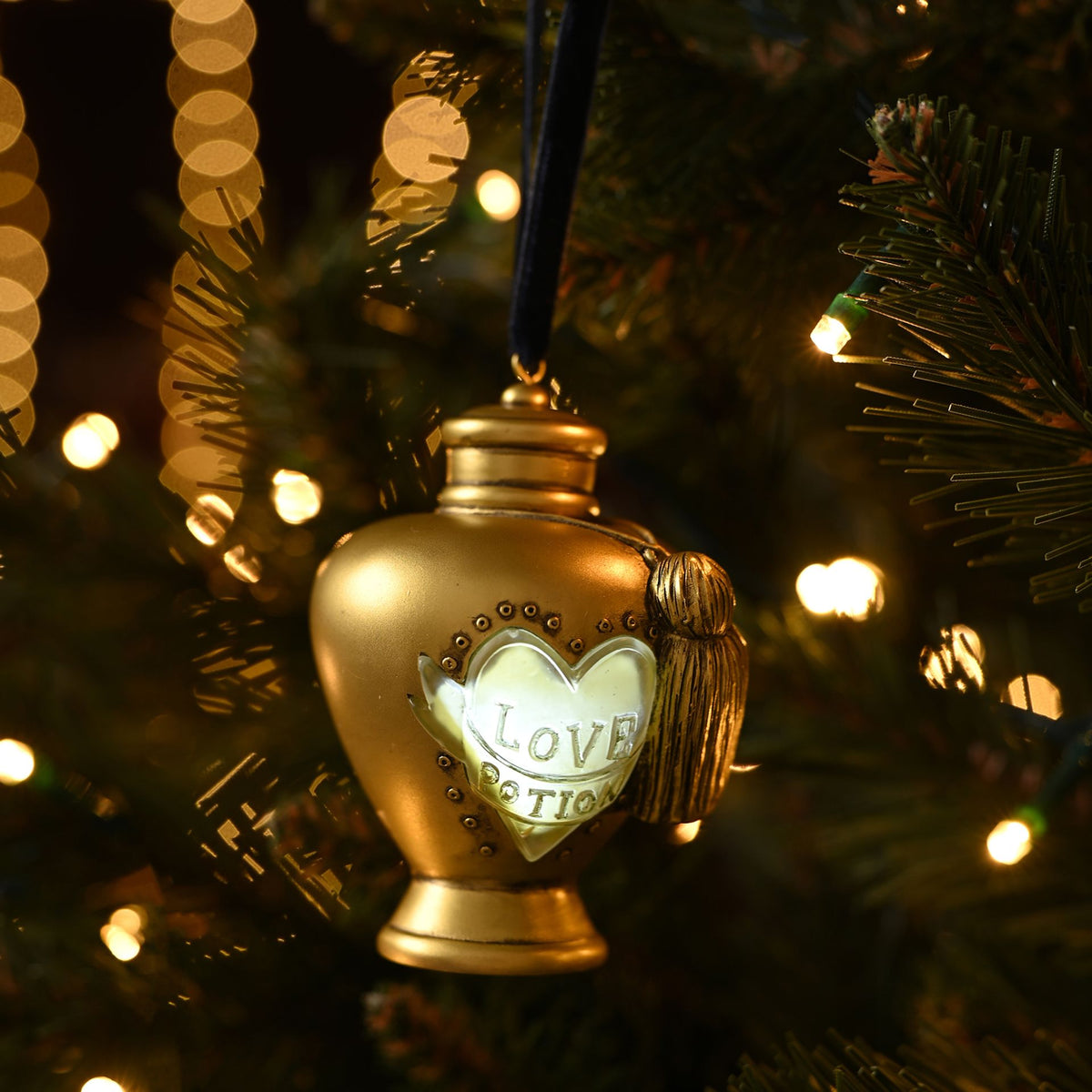 Gold LED hanging bottle ornament with heart "Love Potion" window and tassel