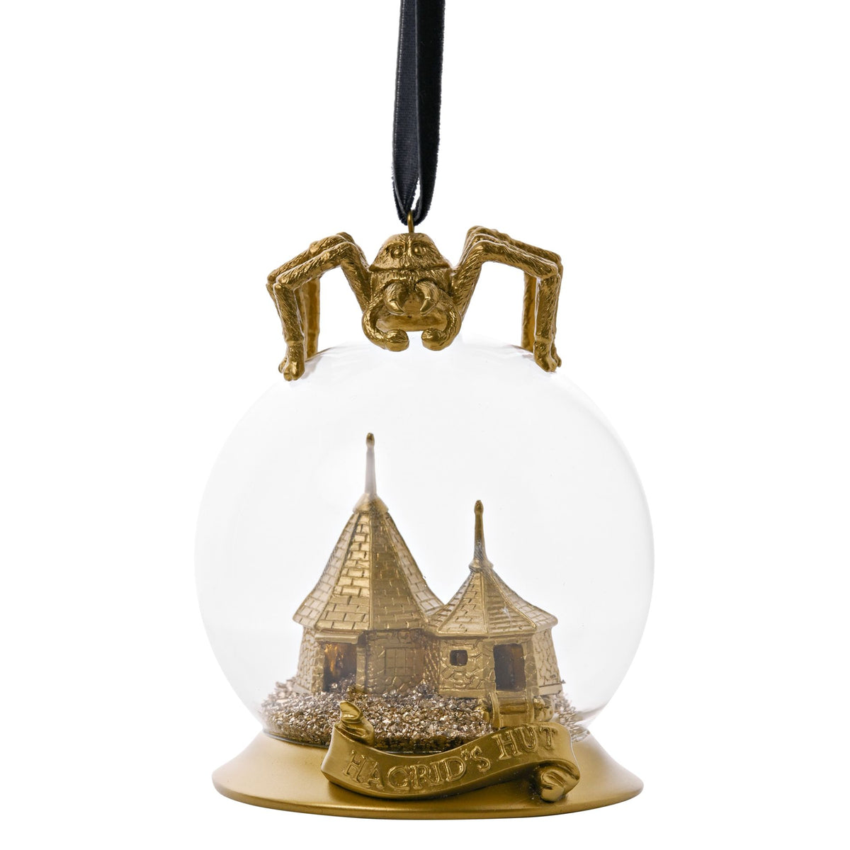 Gold LED bauble ornament with Hagrid’s Hut inside clear sphere, ribbon hanger
