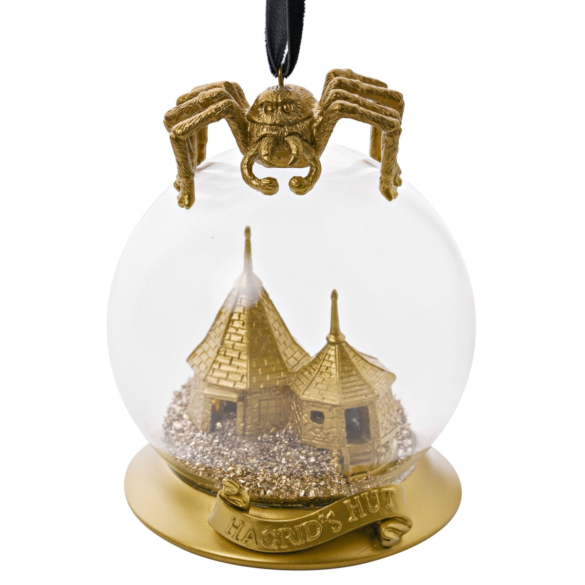 Gold LED bauble ornament with spider and Hagrid’s Hut in clear globe, ribbon hanger