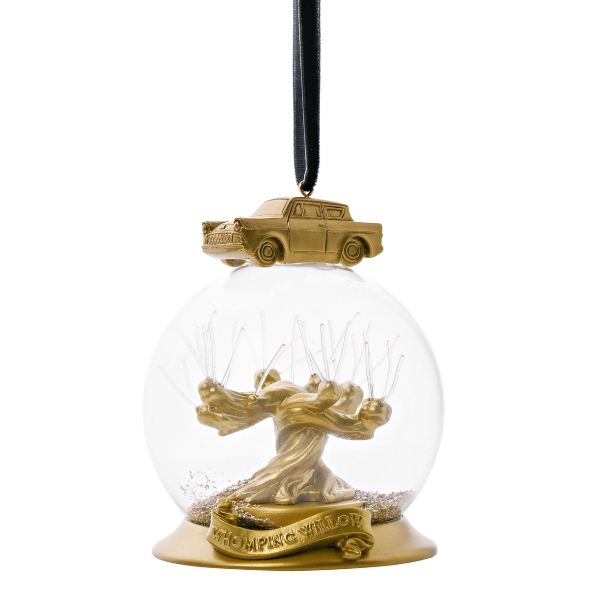 Gold Whomping Willow bauble ornament featuring a tree with glowing LED light inside