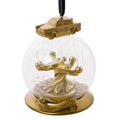 Gold Whomping Willow bauble ornament with hanging black ribbon and LED tree centerpiece
