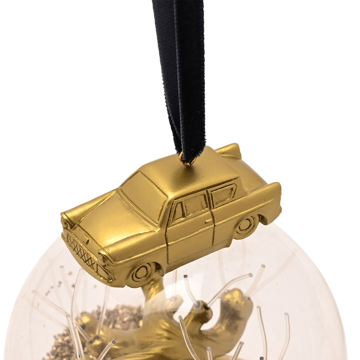 Gold pickup truck detail on Whomping Willow bauble ornament with hanging black ribbon