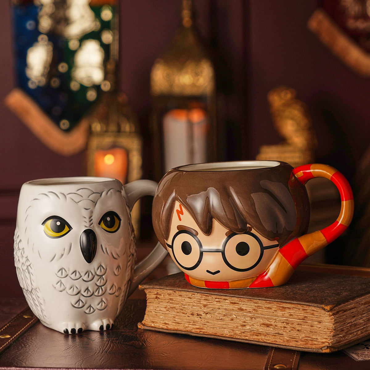 Two themed mugs on books; brown character mug with red-and-gold striped handle