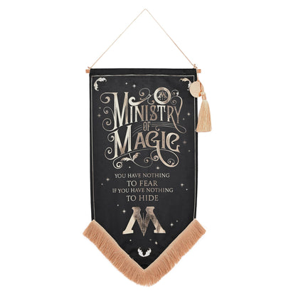 Ministry of Magic fabric hanging banner, black with gold emblem and tassel fringe