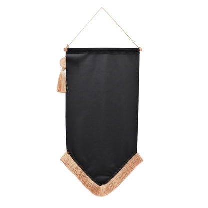 Blank black hanging banner with top cord and tan fringe trim