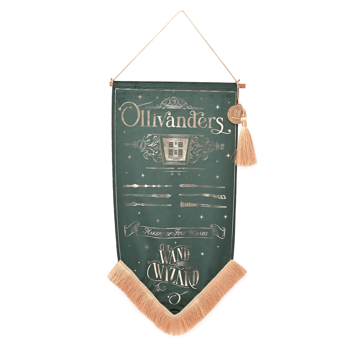 Ollivanders wall banner, dark green fabric with wand-wizard artwork and hanging tassel