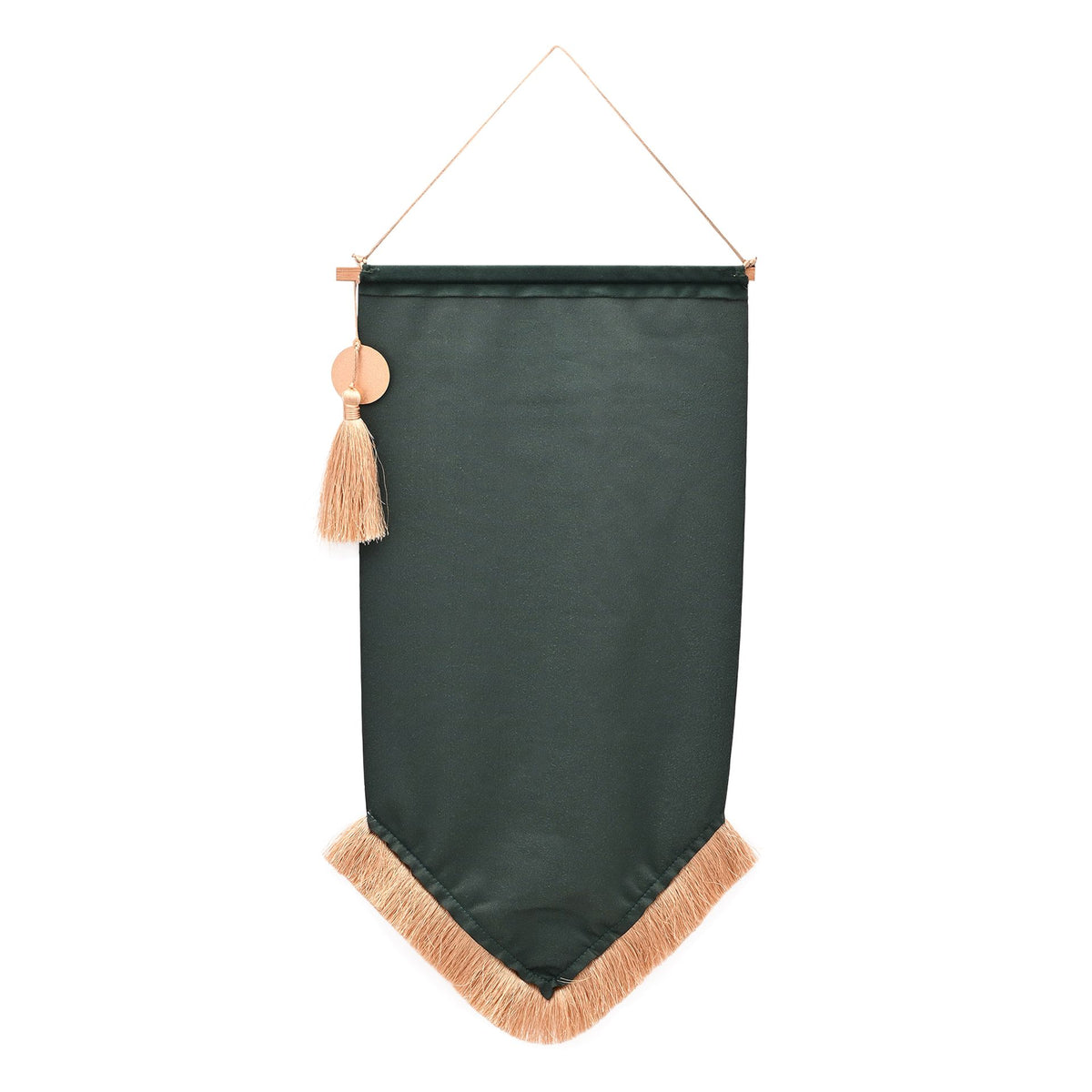 Dark green hanging banner with gold trim and beige tassel on a looped cord