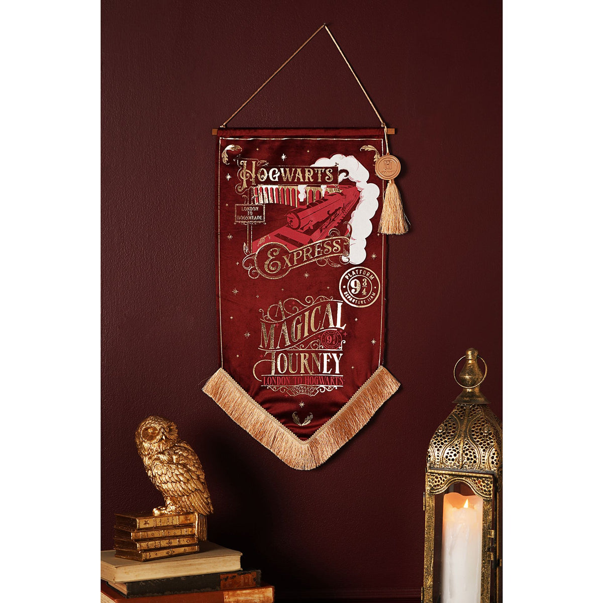 Maroon Hogwarts Express wall banner with gold tassel and Hogwarts crest, hanging loop