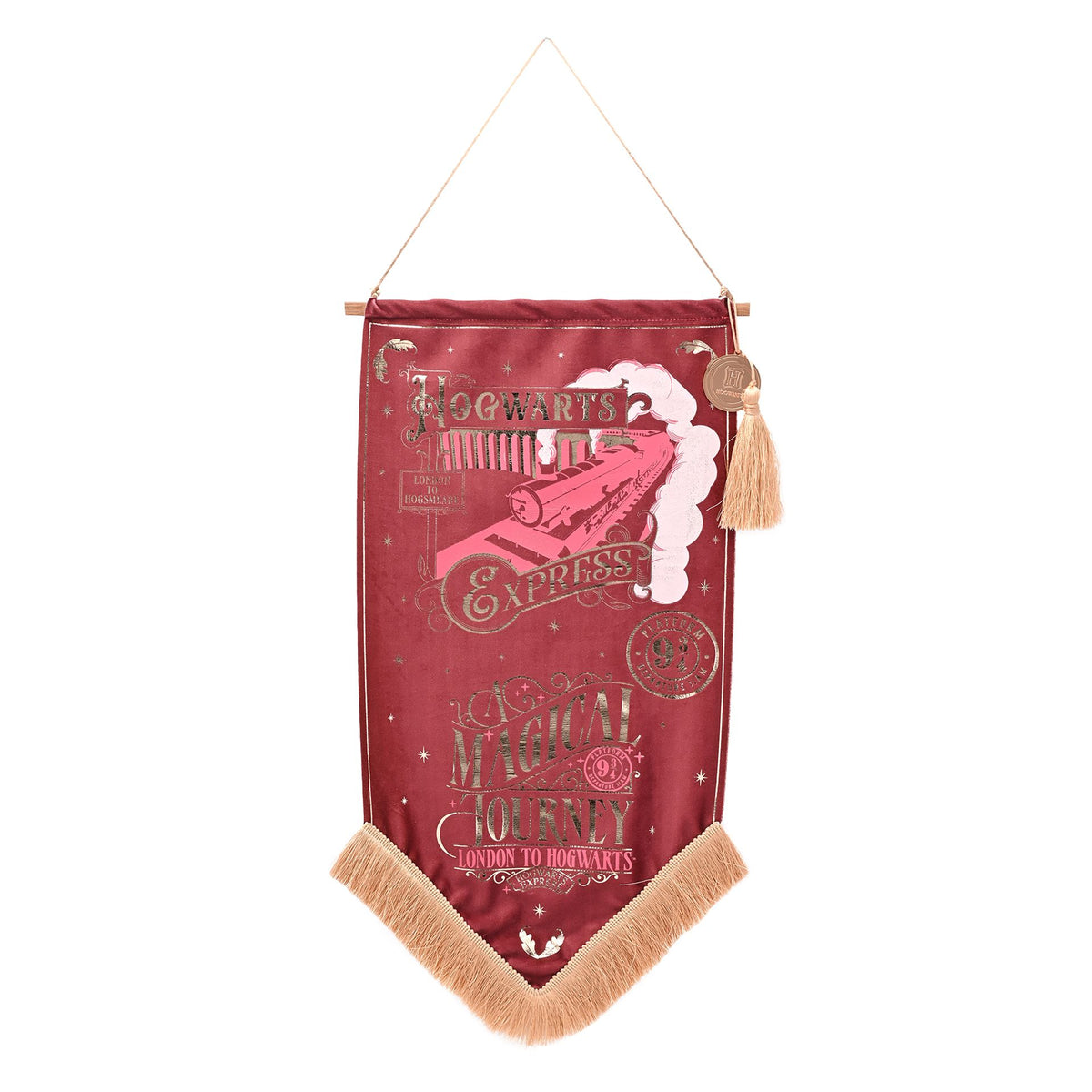 Maroon Hogwarts Express fabric banner with gold fringe and top hanging loop