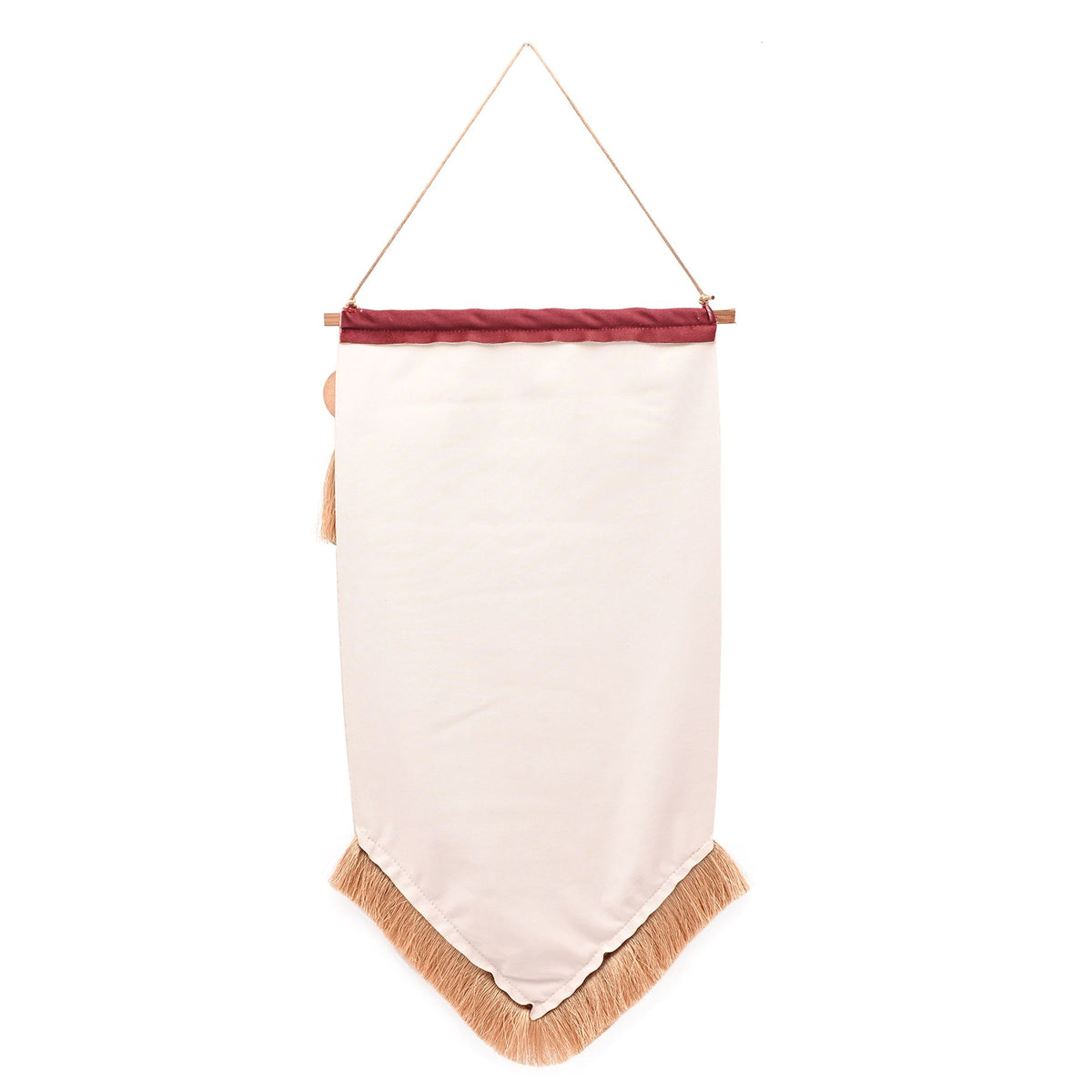 White fabric hanging banner with gold fringe trim and top hanging loop