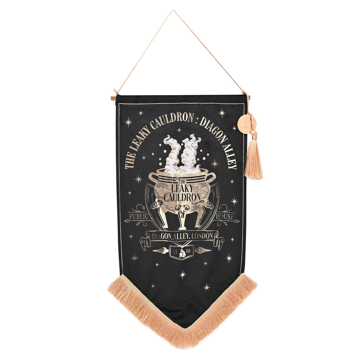 Black hanging banner with gold cauldron emblem, starry text, tan fringe bottom
