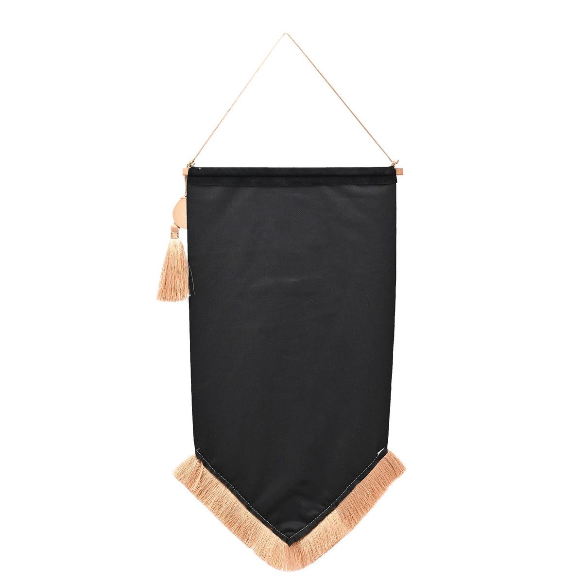 Black hanging banner with tan fringe hem, fabric sleeve and hanging loop