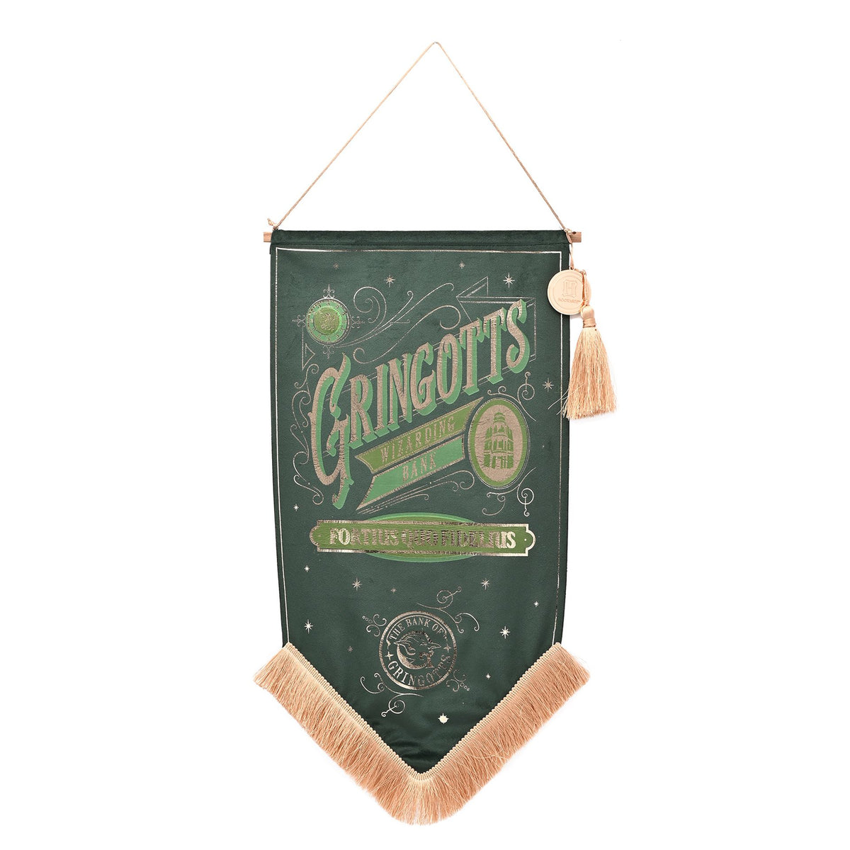 Green Gringotts banner pennant with hanging tassels and gold crest details