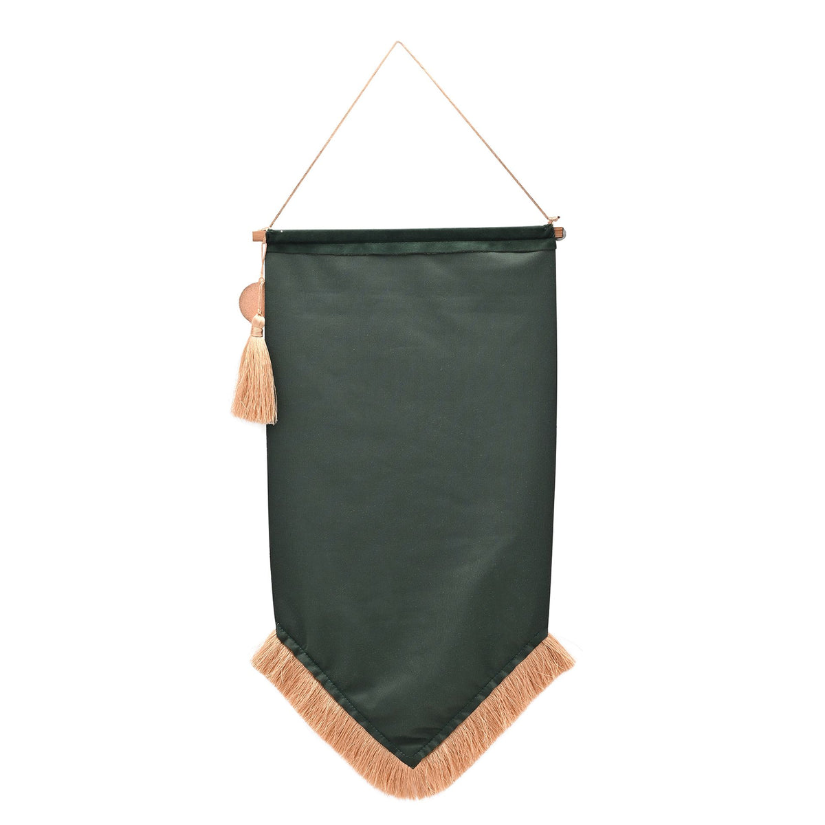 Solid green hanging banner with rope top and tan fringe bottom