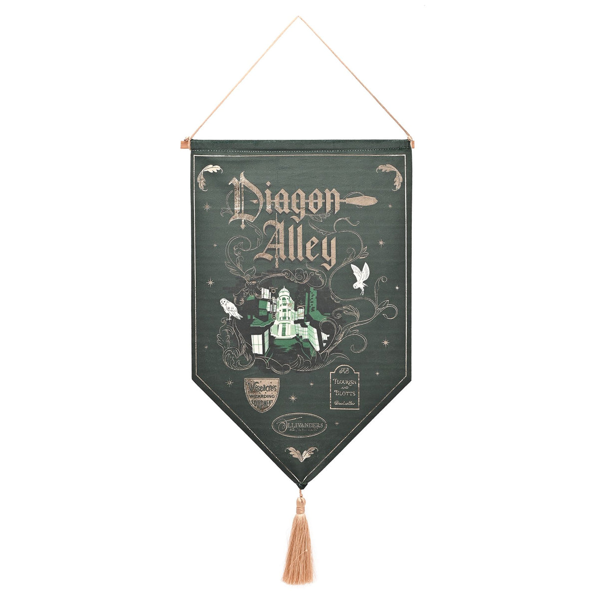 Diagon Alley hanging banner in dark green with white illustrations and gold border, tassel