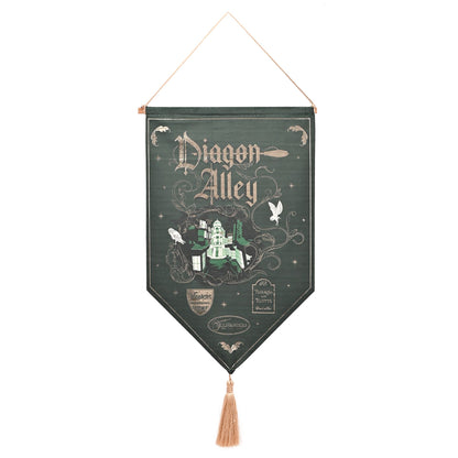 Diagon Alley hanging banner in dark green with white illustrations and gold border, tassel