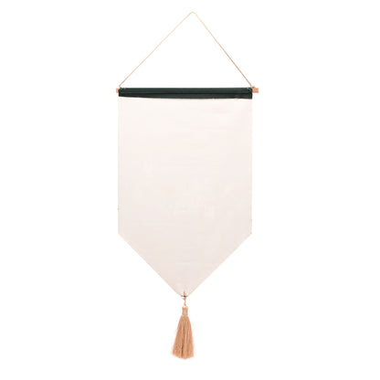 Hanging fabric banner with plain white reverse side and tan tassel at the bottom