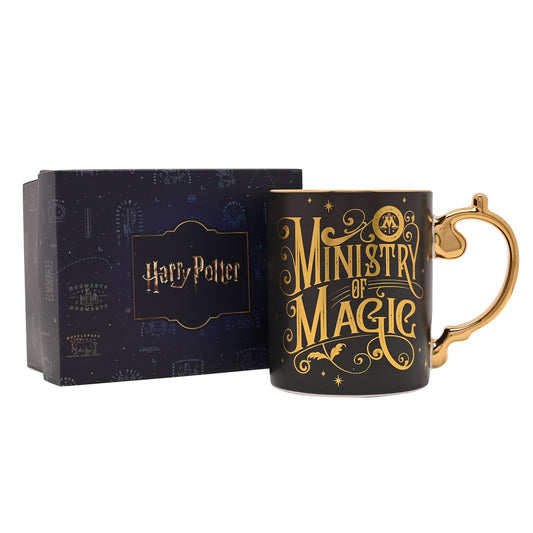 Ministry of Magic ceramic mug with gold handle, shown with matching gift box