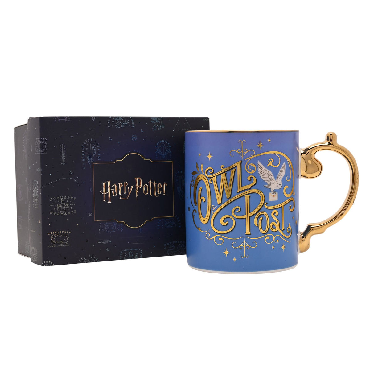 Blue Owl Post mug with gold handle, shown with dark gift packaging box.