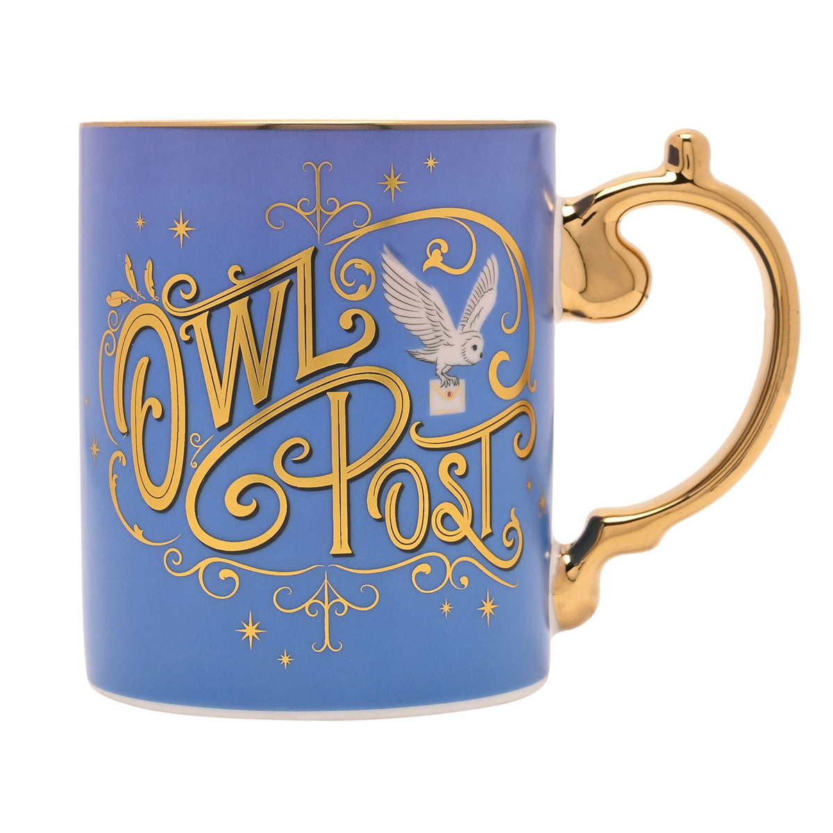 Blue ceramic mug with Owl Post lettering and gold handle, white interior.