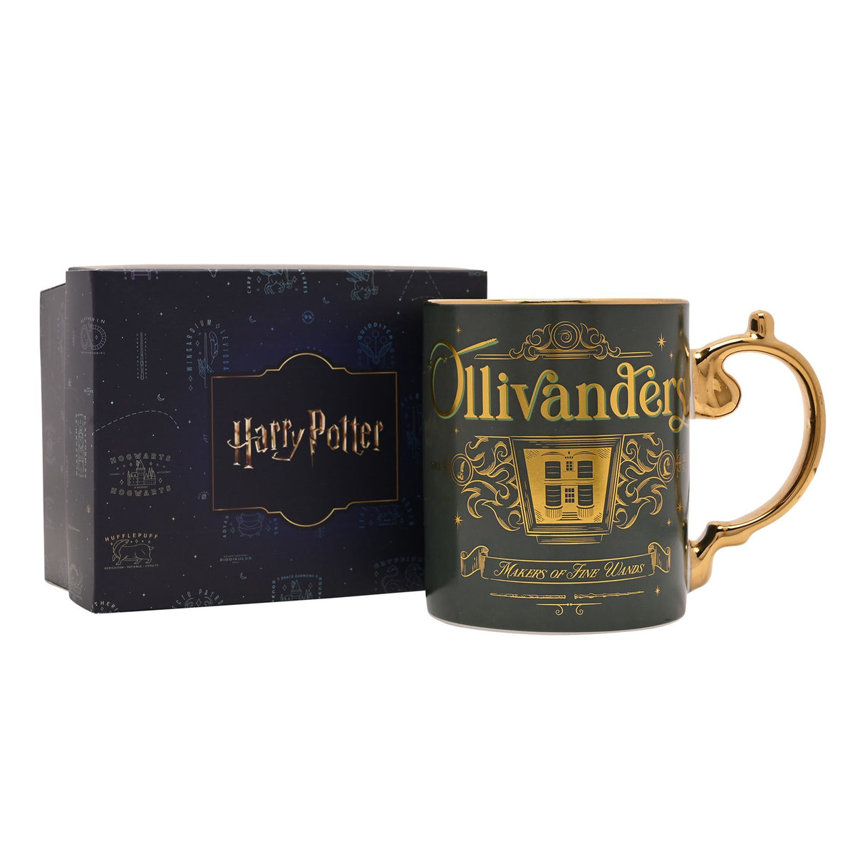 Dark green collectible mug with gold “Ollivanders” artwork and arched gold handle
