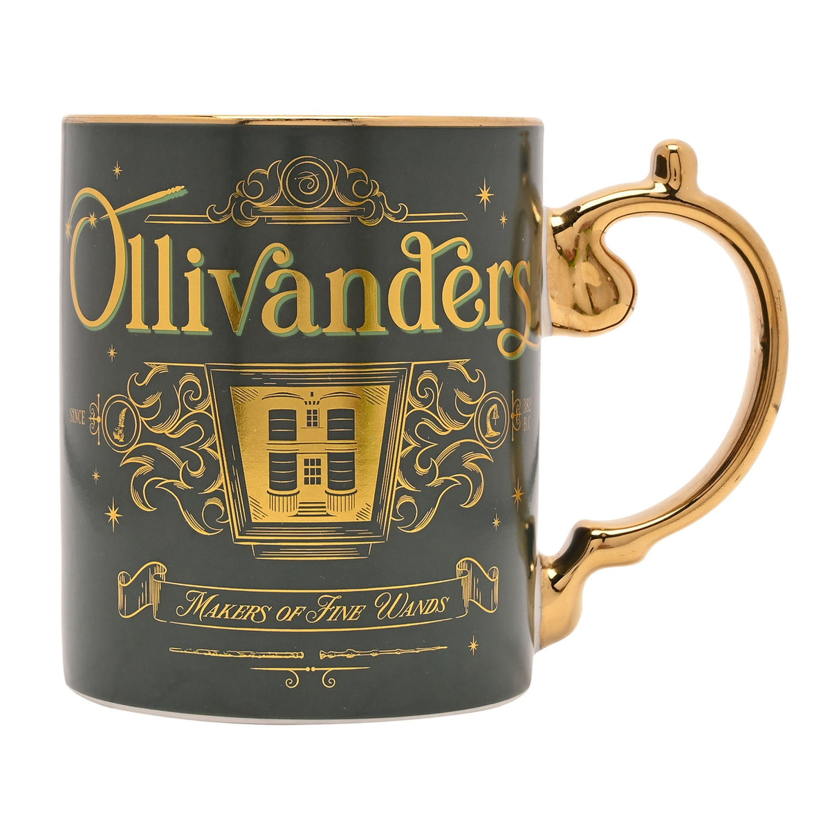 Dark green collectible mug with “Ollivanders” gold print, wand-room artwork, gold handle