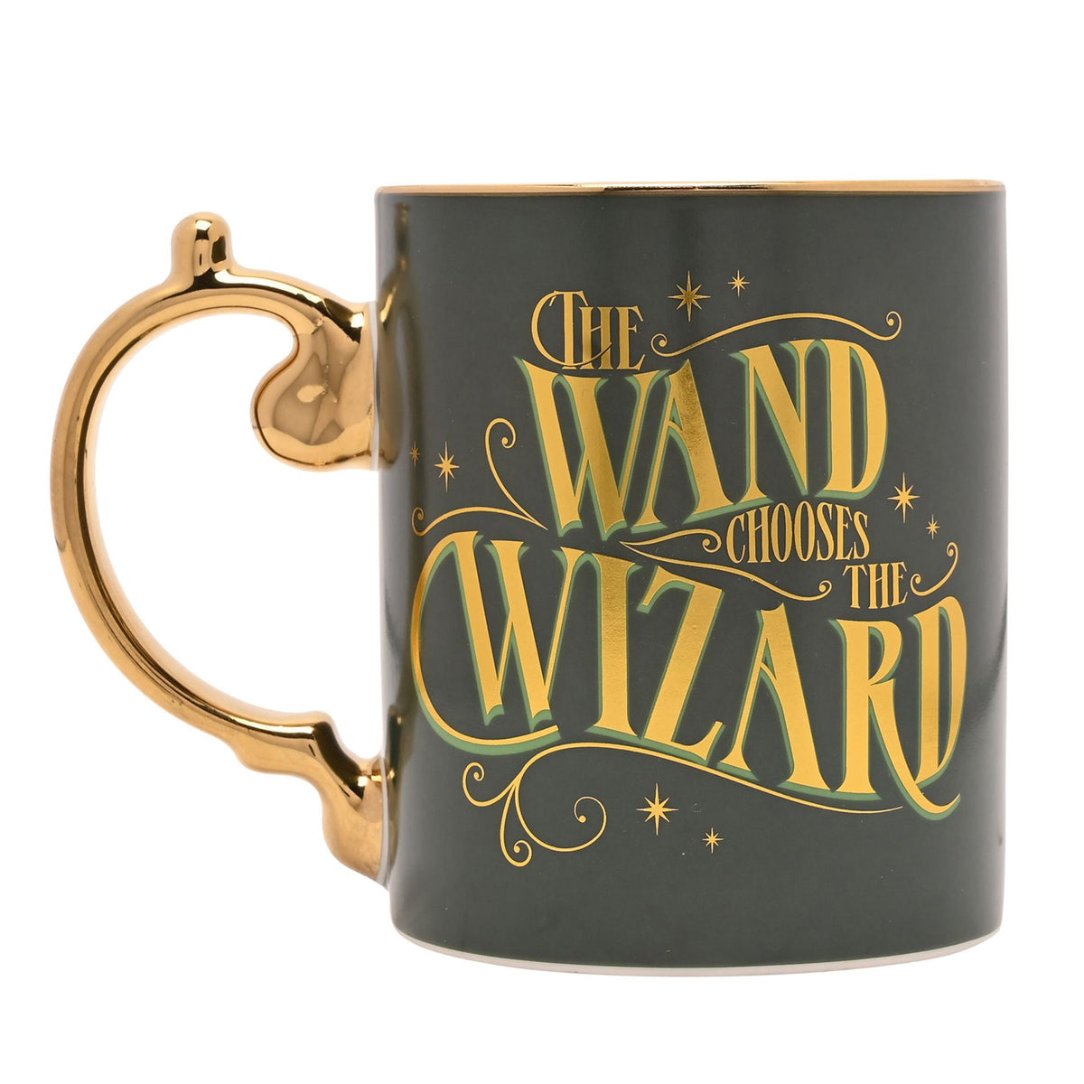 Dark green mug with gold “The wand chooses the wizard” text and gold handle