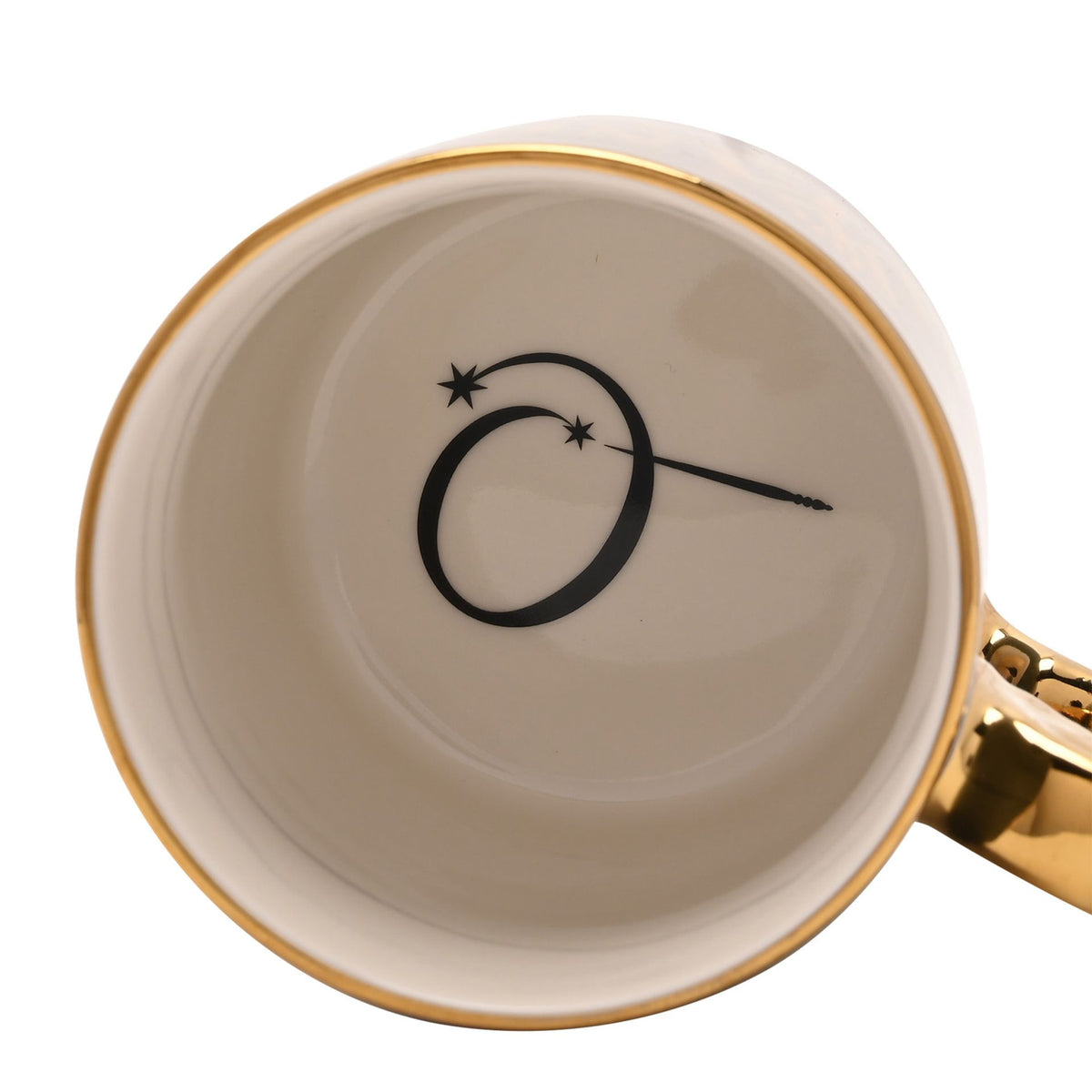 Collectible mug underside with gold rim and “O” wand logo in black on white interior