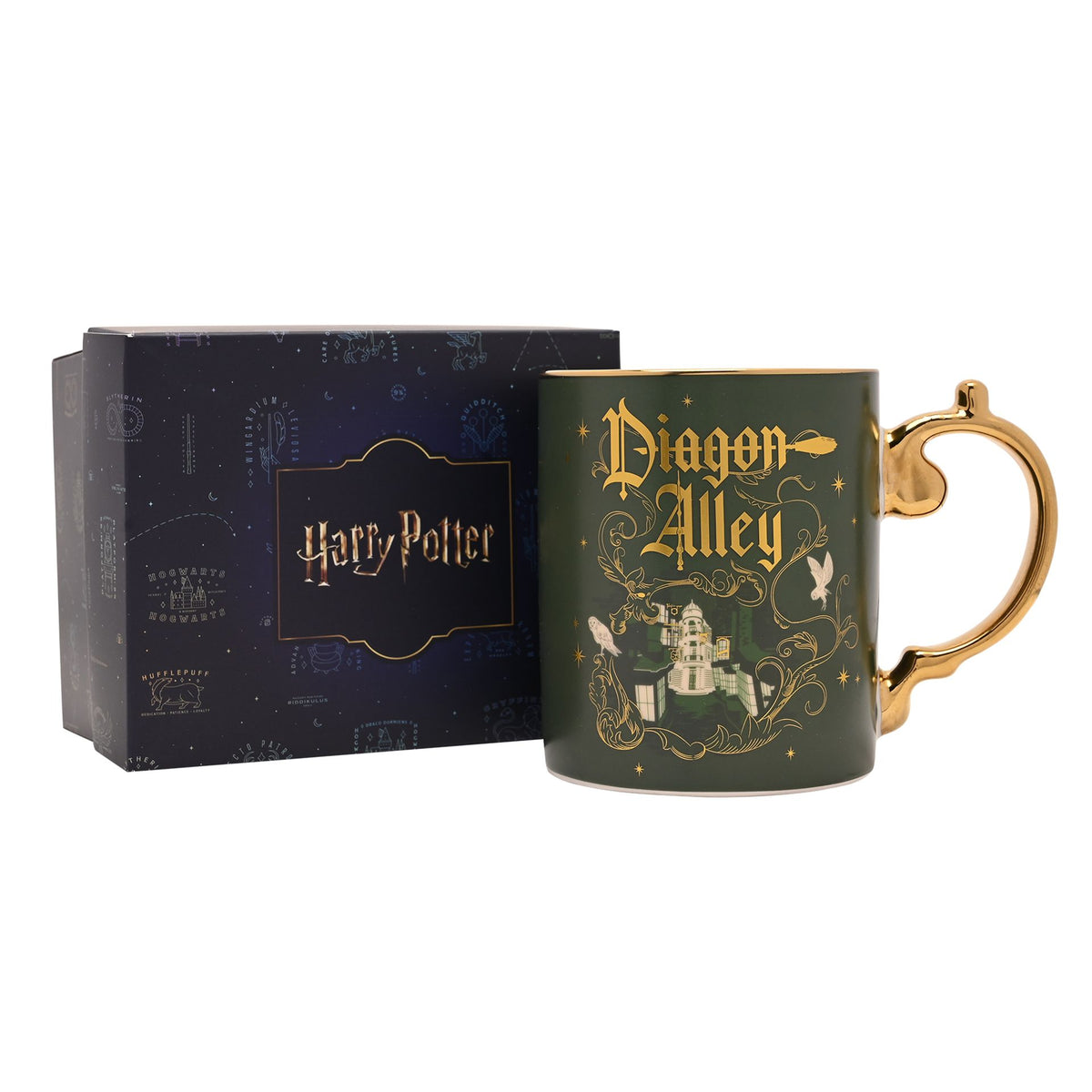 Green ceramic mug with gold handle, Diagon Alley graphic on front