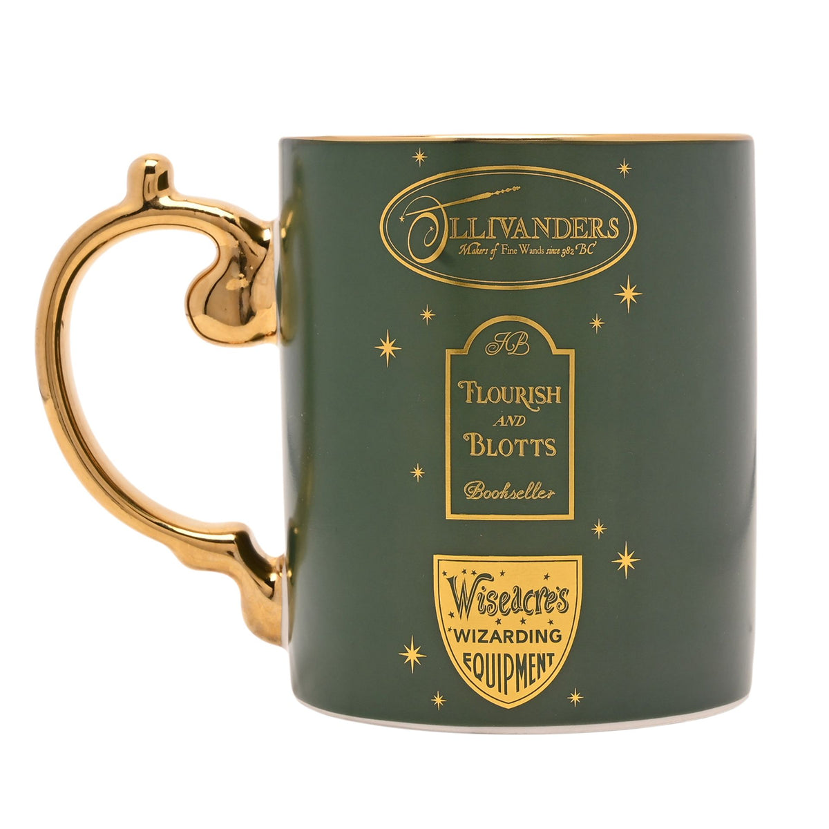 Green ceramic mug with gold handle, Ollivanders and Wiseacres labels