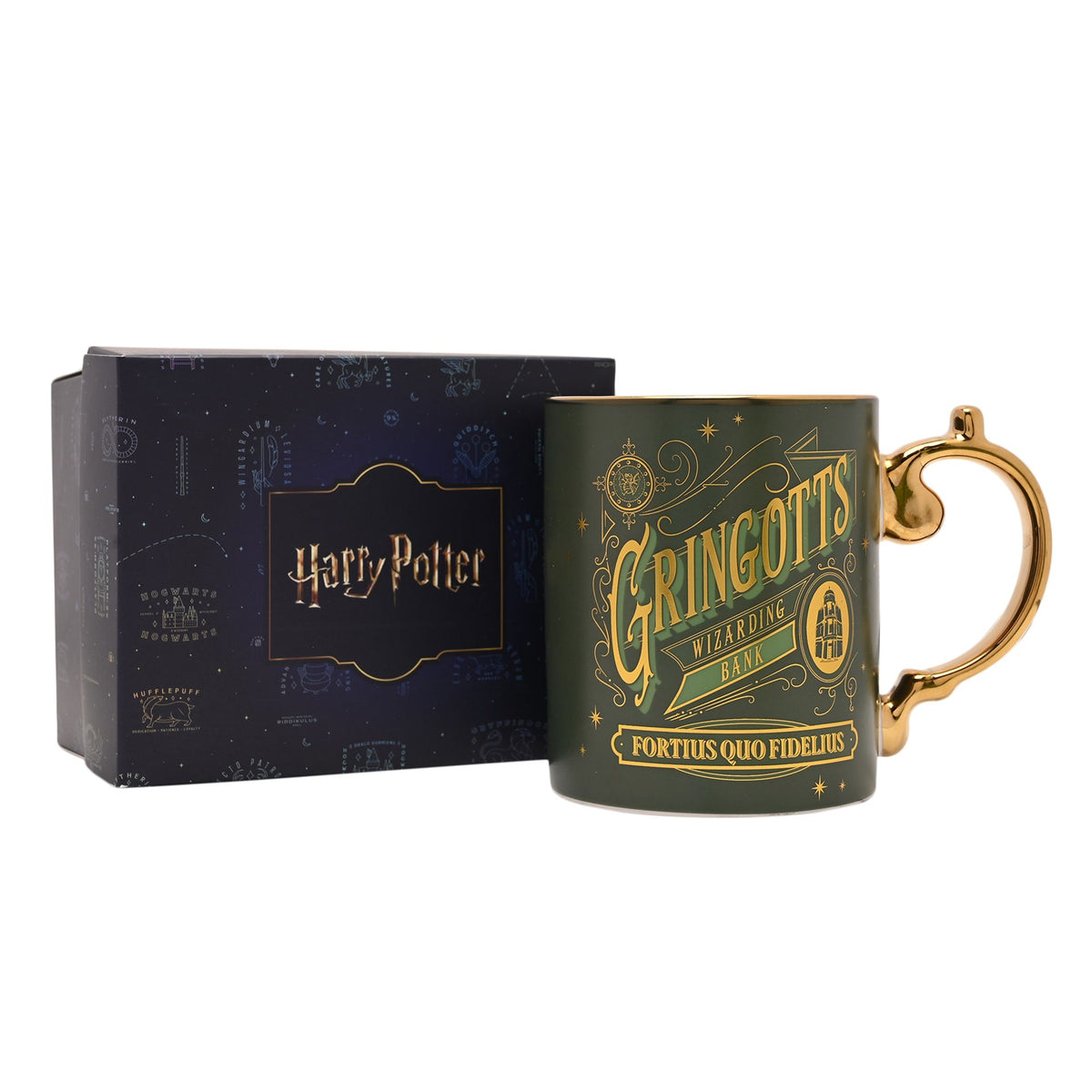 Dark collectible mug with gold Gringotts wizarding bank print and motto; boxed set shown