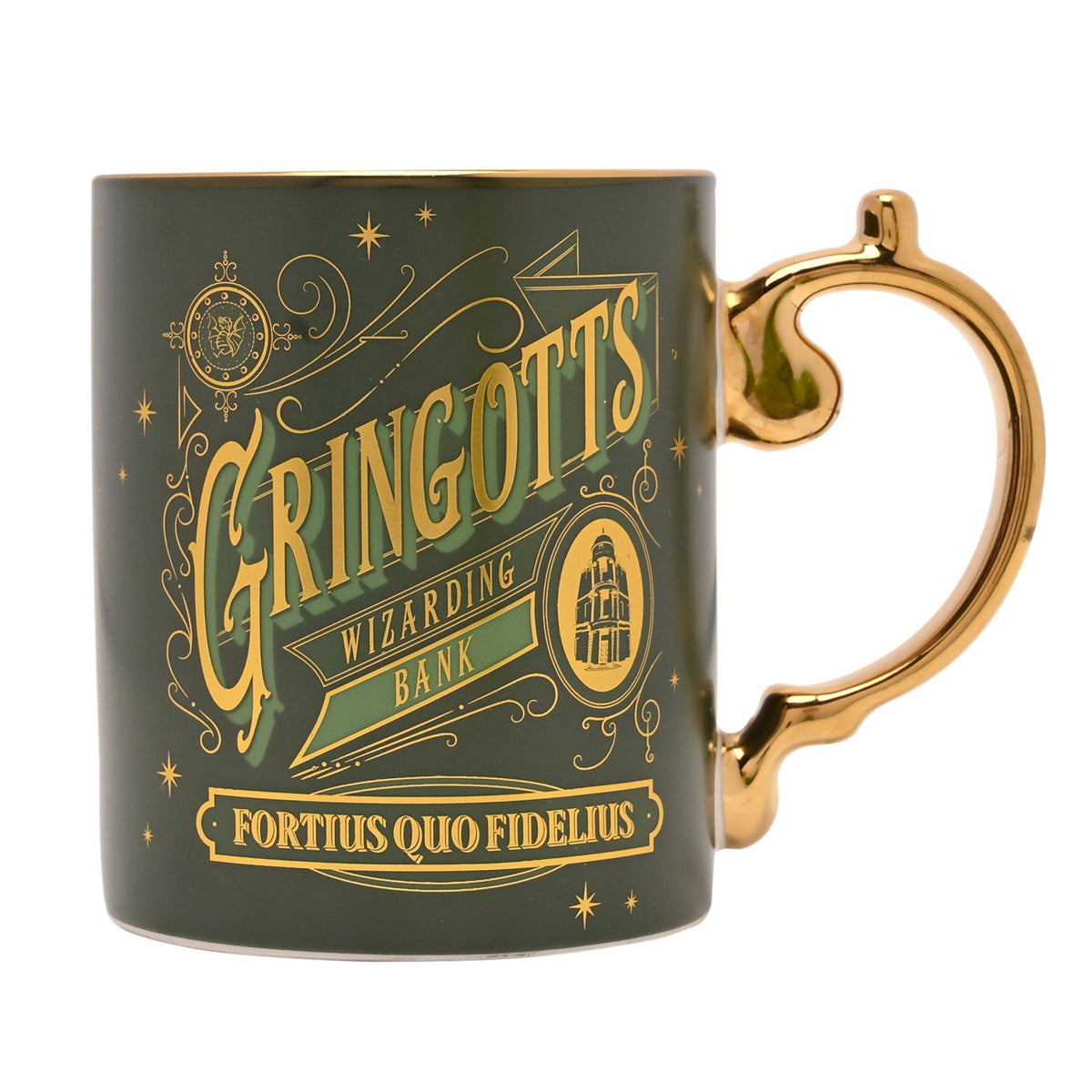 Dark green collectible mug with gold Gringotts design, wizarding bank text, and motto