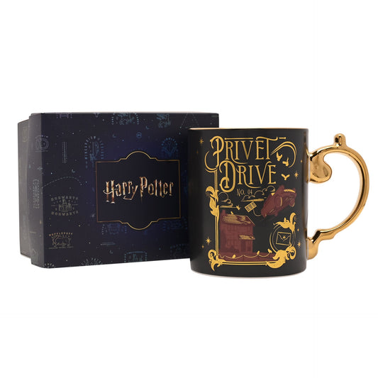 Privet Drive Harry Potter mug with box, black design and gold handle