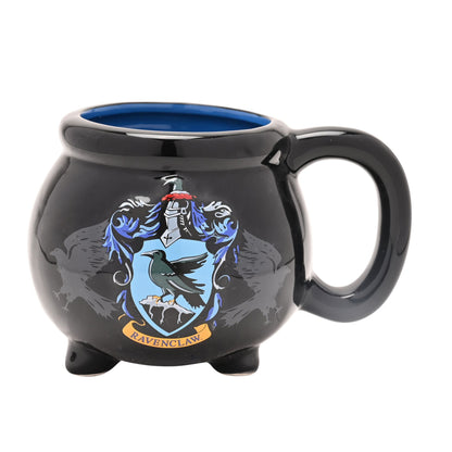 Black cauldron mug with blue interior, Ravenclaw crest, and loop handle
