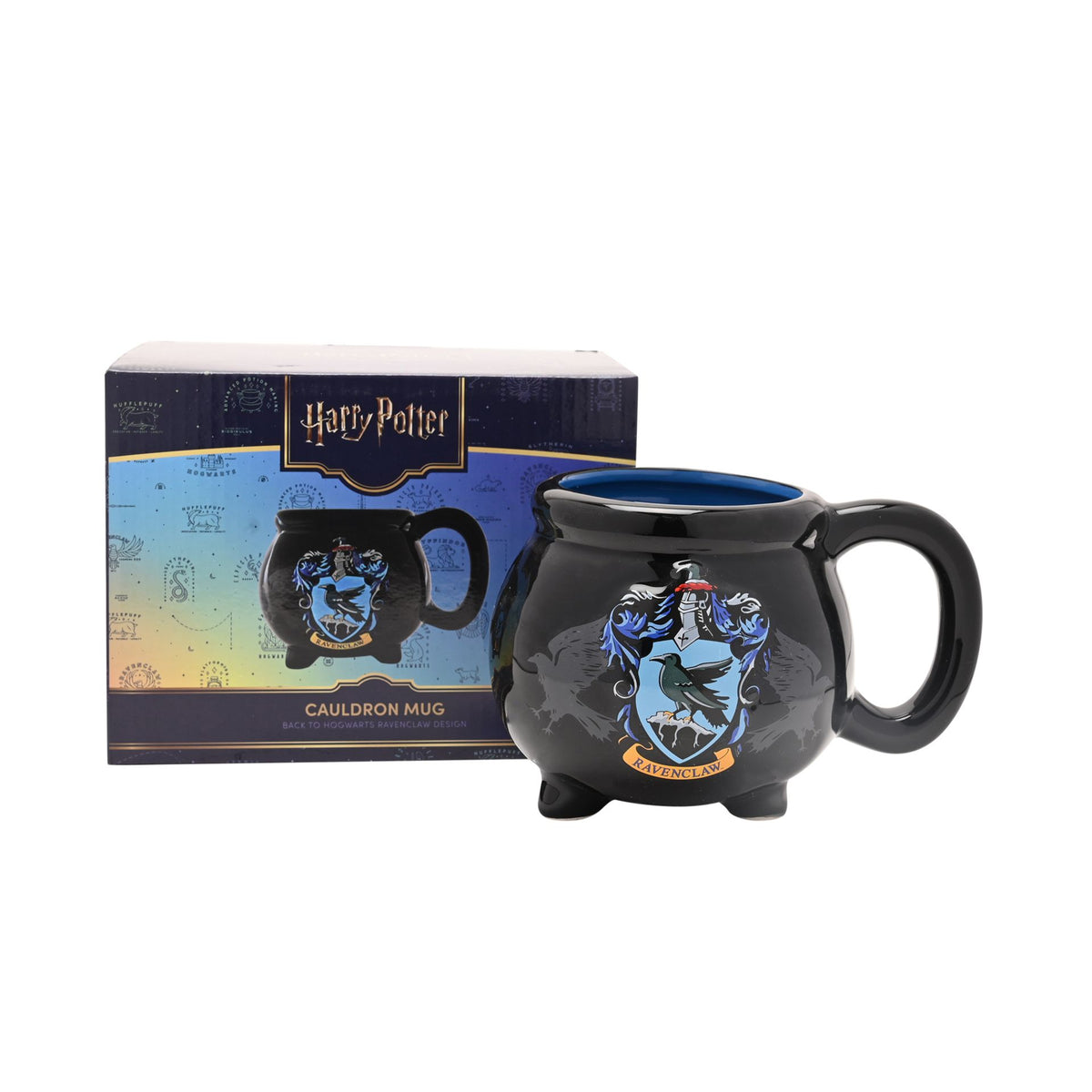 Black Ravenclaw cauldron mug with blue interior, shown with product box