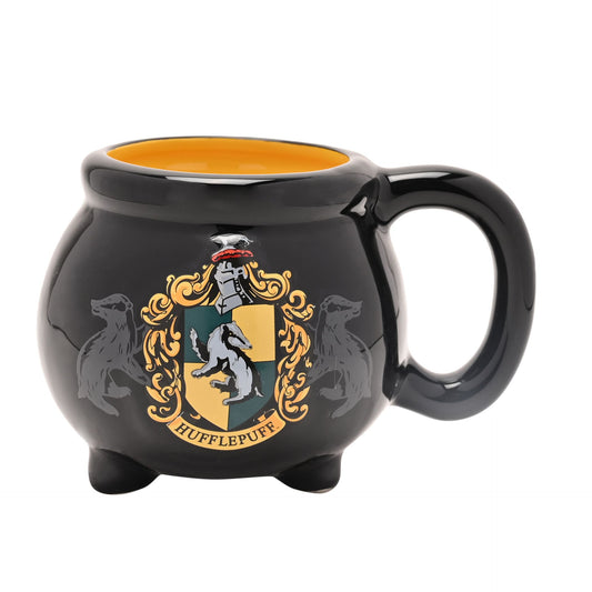 Hufflepuff cauldron-style mug, black ceramic with gold crest and orange interior