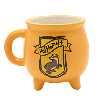 Yellow cauldron-style mug with handle, Hufflepuff crest, and three feet
