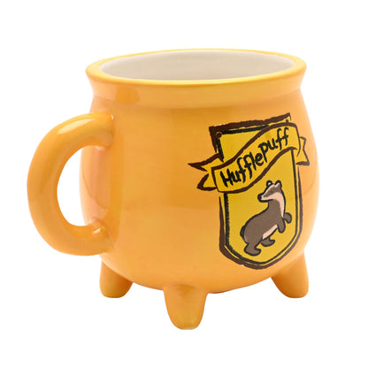 Yellow cauldron mug with side handle and Hufflepuff badger crest