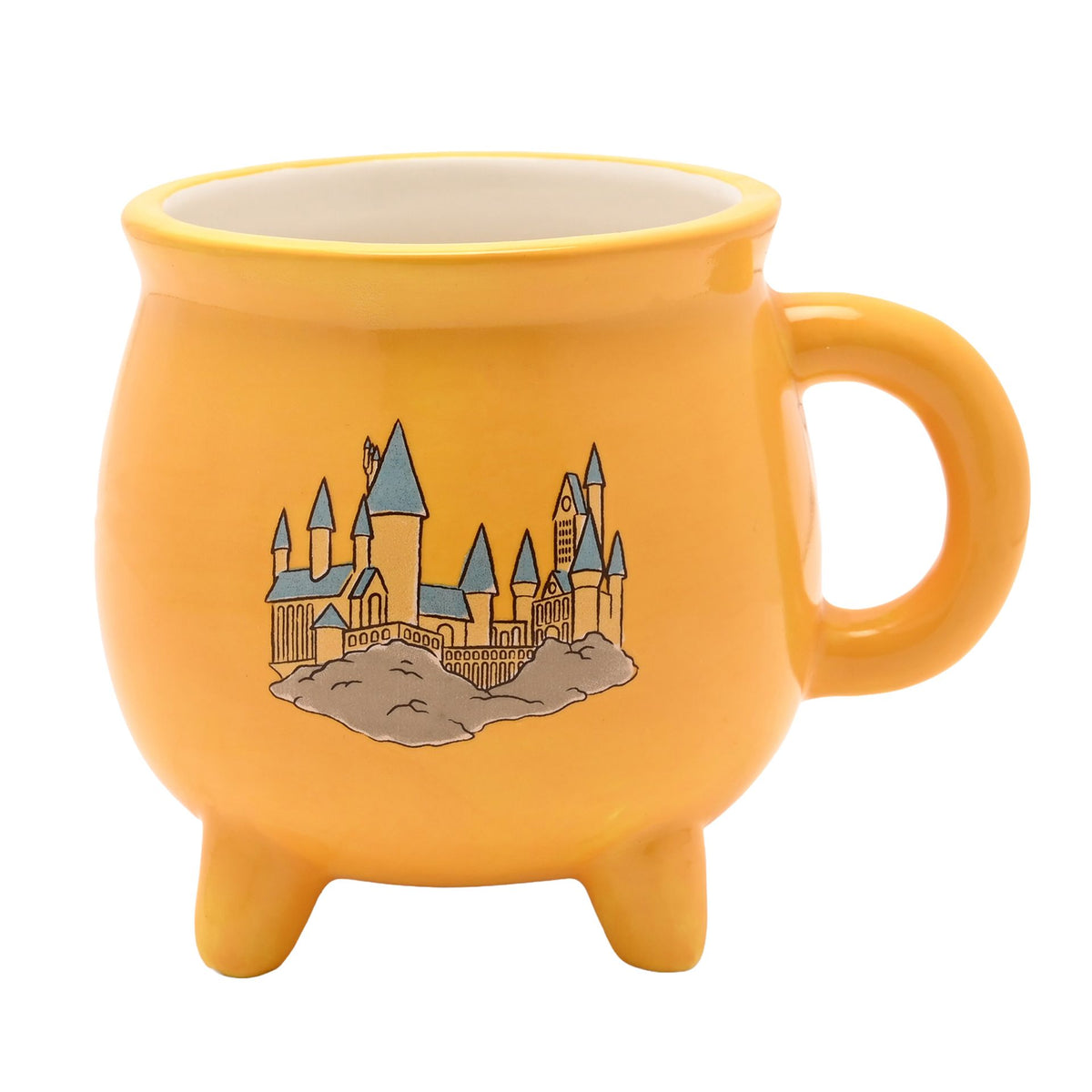 Yellow cauldron-style mug with handle and Hogwarts castle graphic, three legs