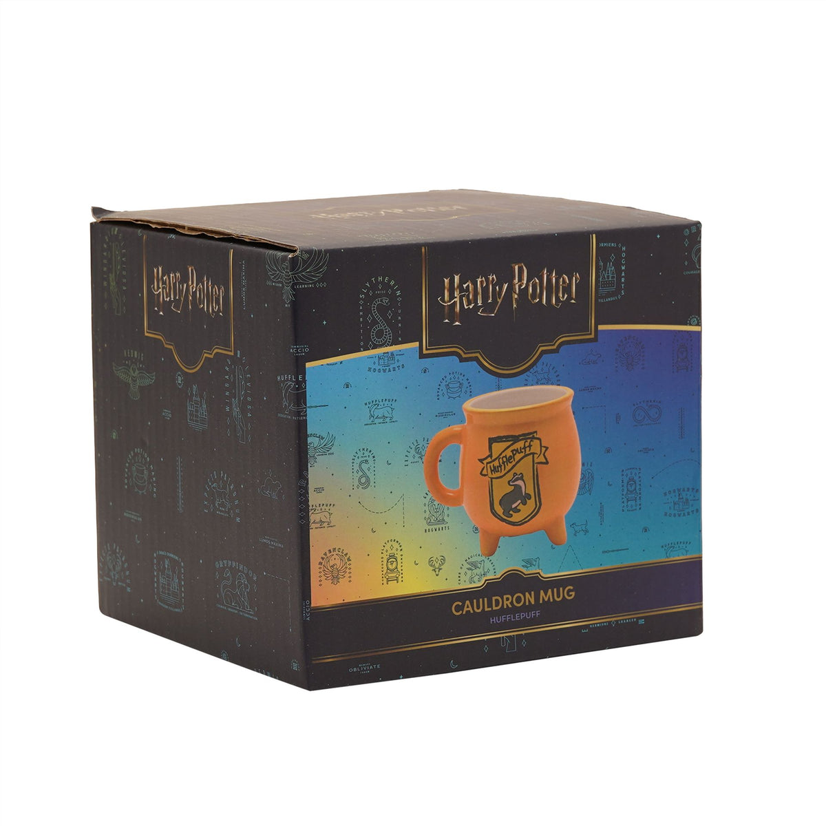 Harry Potter cauldron mug packaging box featuring a yellow Hufflepuff mug