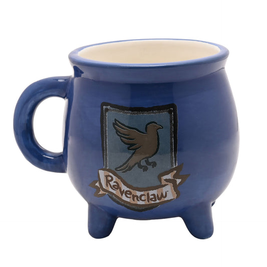 Blue cauldron mug with Ravenclaw emblem, side handle, three-toed legs, cream rim